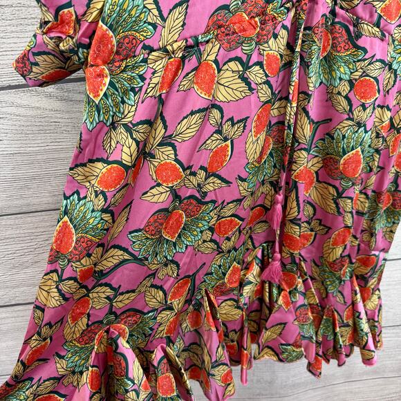 Aakaa Women's Pink Leaf Satin Dramatic Hem Long Sleeve Dress Size Medium - Picture 4 of 9